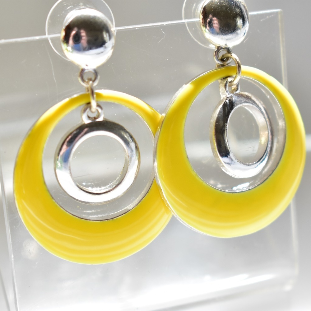Bright Yellow Enamel Vintage Hoop Earrings